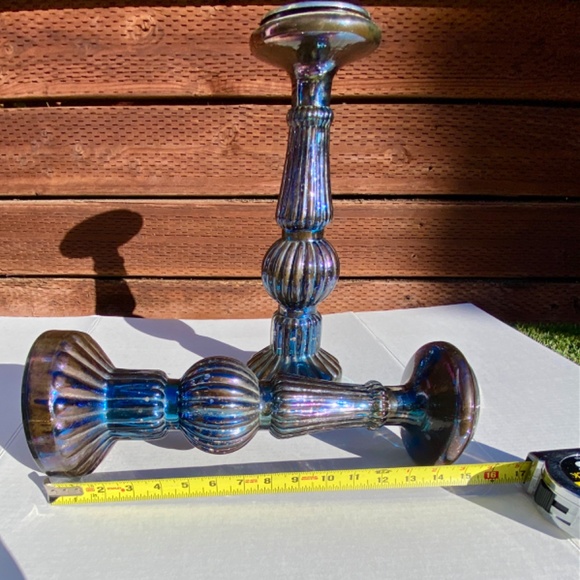 A Pair of Beautiful PILLAR BLUE GLASS CANDLE HOLDERS  2-PC - Picture 3 of 8